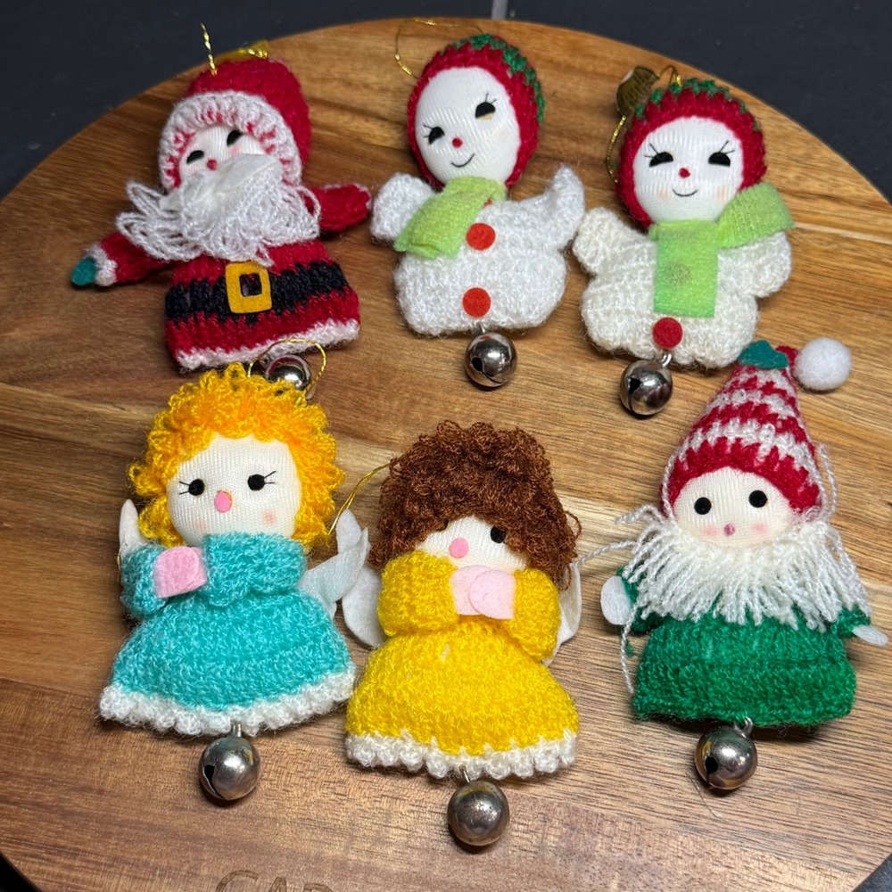Vtg 1983 Dakin Fun Farm Knit Christmas Ornaments Set of 6 Santa Angel Snowman